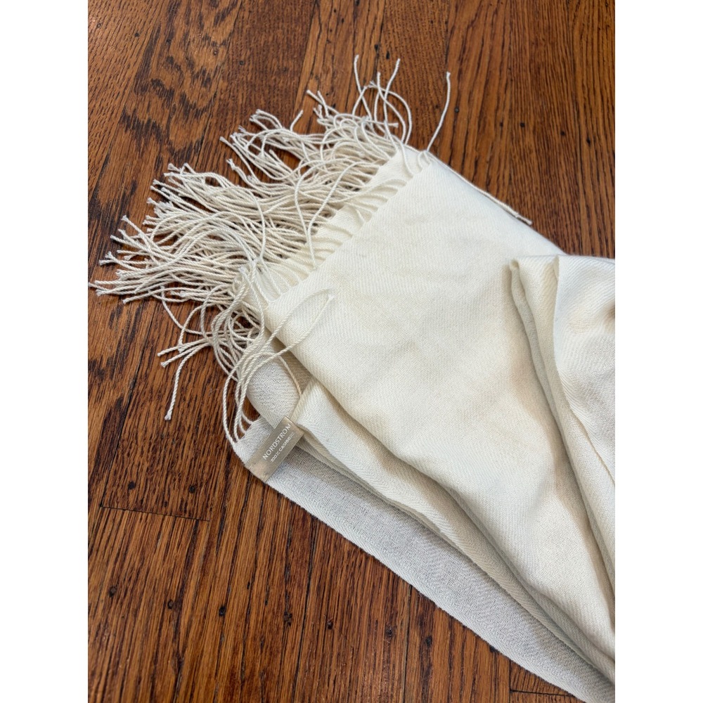 Nordstrom 100% Cashmere Wrap Scarf Cream Ivory Fringe Trim Pashmina Shawl